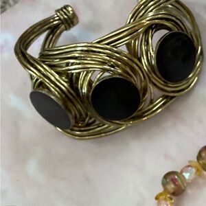 Vintage bracelet Napier-like cuff gold wire wrap woven‎ Black enamel- estate